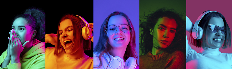 Image showing Collage of portraits of young emotional girls on multicolored background in neon. Concept of human emotions, facial expression, sales.