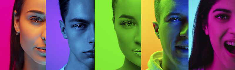 Image showing Collage of portraits of young emotional people on multicolored background in neon. Concept of human emotions, facial expression, sales.