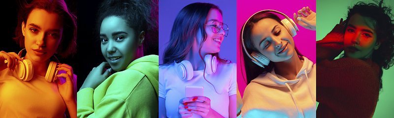 Image showing Collage of portraits of young emotional people on multicolored background in neon. Concept of human emotions, facial expression, sales.