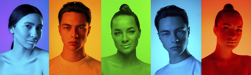 Image showing Collage of portraits of young emotional people on multicolored background in neon. Concept of human emotions, facial expression, sales.