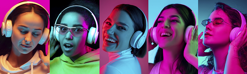 Image showing Collage of portraits of young emotional people on multicolored background in neon. Concept of human emotions, facial expression, sales.