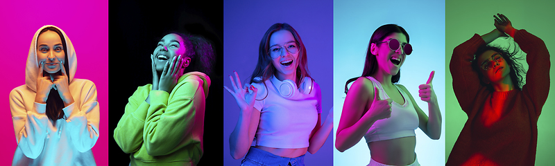 Image showing Collage of portraits of young emotional people on multicolored background in neon. Concept of human emotions, facial expression, sales.