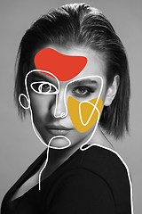 Image showing Art portrait of young woman, fashion model with abstract geometrical drawings by modern one line style technique