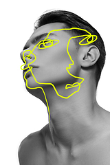 Image showing Art portrait of young man, fashion model with abstract geometrical drawings by modern one line style technique