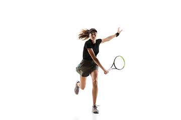 Image showing Young caucasian professional sportswoman playing tennis isolated on white background