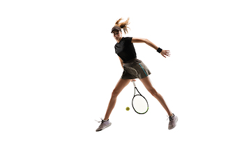 Image showing Young caucasian professional sportswoman playing tennis isolated on white background