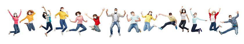 Image showing people in face protective masks jumping in air