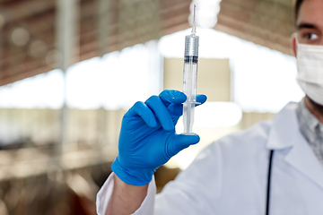 Image showing veterinarian in mask with syringe on dairy farm