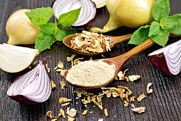 Image showing Onion powder and flakes in spoons on dark board