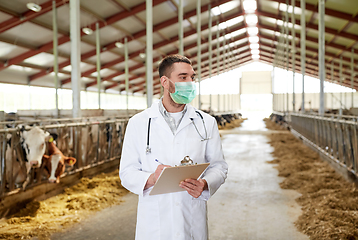 Image showing veterinarian in mask with cows on dairy farm