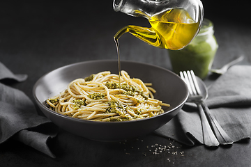 Image showing Spaghetti basil pesto