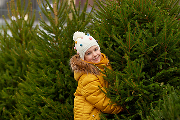 Image showing little girl choosing christmas tree at market