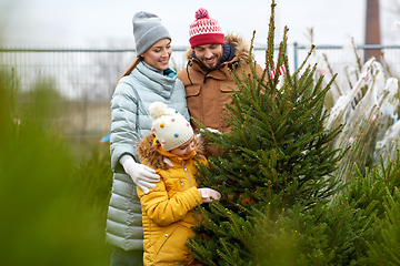 Image showing happy family choosing christmas tree at market