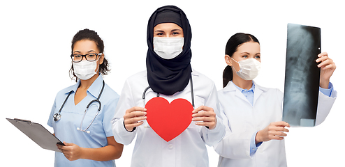 Image showing group of female doctors in masks with stethoscopes