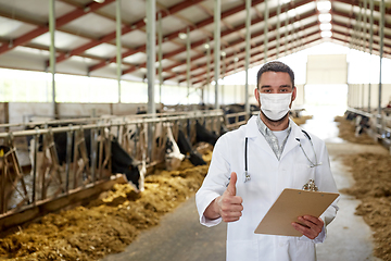 Image showing veterinarian in mask showing thumbs up on farm