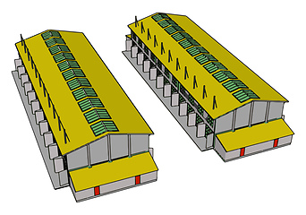 Image showing Two green and yellow large modern barns with open shuts and gree