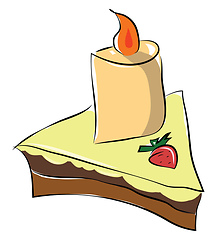 Image showing A piece of pie with strawberry topping and one glowing candle ve