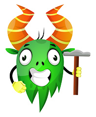 Image showing Crazy green monster holding a hammer, illustration, vector on wh