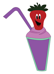 Image showing Purple ice cream cup wit a purple straw and a smiling strawberry