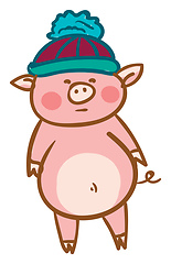 Image showing Baby pig in pompom winter hat vector or color illustration