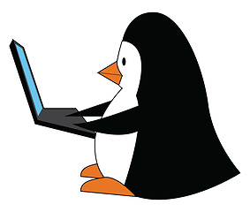 Image showing Black and white penguine with a laptop vector illustration on wh