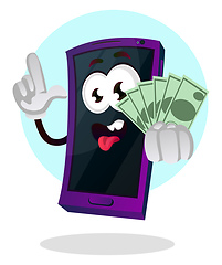 Image showing Mobile phone emoji holding money illustration vector on white ba