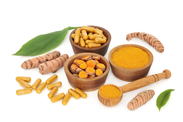 Image showing Fresh Turmeric Health Food with Powder and Pills