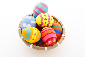 Image showing Colourful Easter eggs in a basket