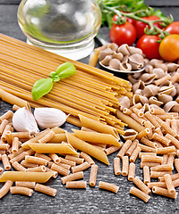 Image showing Pasta different whole grain and rye on black board