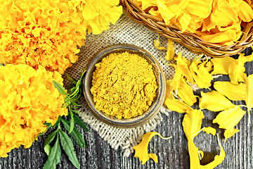 Image showing Saffron imerta in bowl with petals on board top