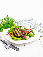 Image showing Salad of eggplant with cheese and tomatoes on table