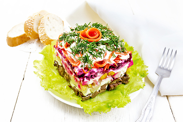 Image showing Salad with beef and vegetables on light table