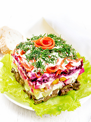 Image showing Salad with beef and vegetables on white wooden board