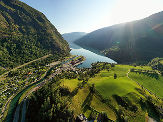 Image showing Aurlandsfjord Town Of Flam at dawn.