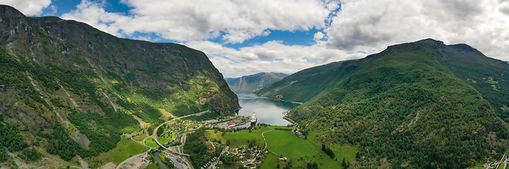 Image showing Aurlandsfjord Town Of Flam at dawn.