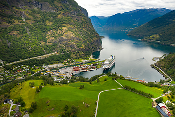 Image showing Aurlandsfjord Town Of Flam at dawn.