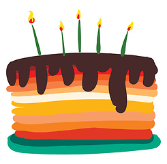 Image showing A cake with colorful layers chocolate topping and glowing candle