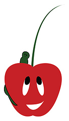 Image showing A happy red cherry fruit emoji worried about a small green insec