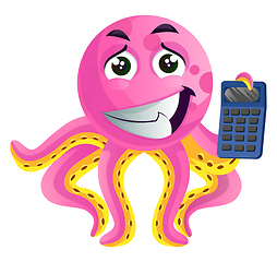 Image showing Pink octopus with a calculator illustration vector on white back