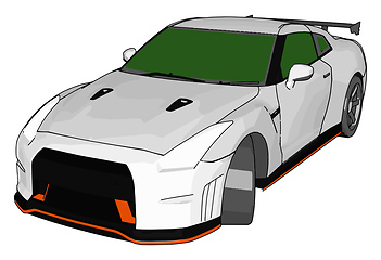 Image showing White race car with green windows and orange detailes and grey r