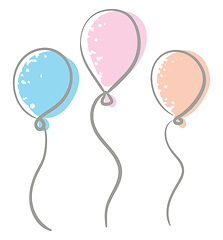 Image showing Three blue pink and peach balloons tied to individual strings fl