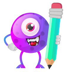 Image showing One eyed purple monster holding a huge pen illustration vector o