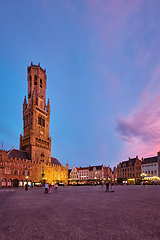 Image showing Belfry tower and Grote markt square in Bruges, Belgium on dusk in twilight