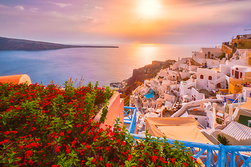 Image showing Sunset over Oia town on Santorini island in summer. Santorini, Greece