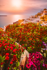 Image showing Sunset over Oia town on Santorini island in summer. Santorini, Greece