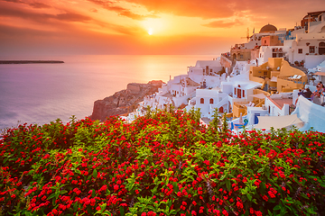 Image showing Sunset over Oia town on Santorini island in summer. Santorini, Greece