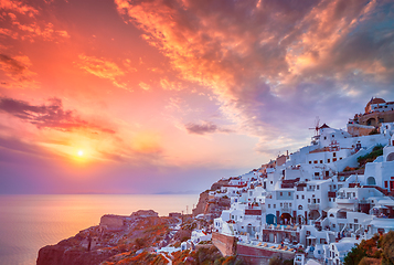 Image showing Sunset over Oia town on Santorini island in summer. Santorini, Greece