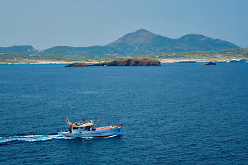 Image showing Greek fishing boat in Aegean sea near Milos island, Greece