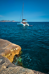 Image showing Yacht boat at Sarakiniko Beach in Aegean sea, Milos island , Greece