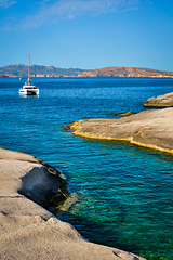 Image showing Yacht boat at Sarakiniko Beach in Aegean sea, Milos island , Greece